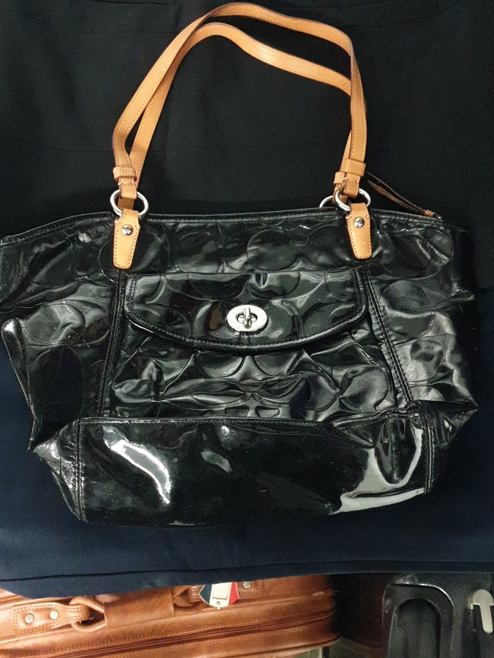 Black COACH Patent Shoulder Bag with Tan Handles